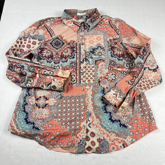 Chico’s Boho Patchwork Print Non-Iron Shirt 2 L Long Sleeve Work Button Down Top - Picture 1 of 10